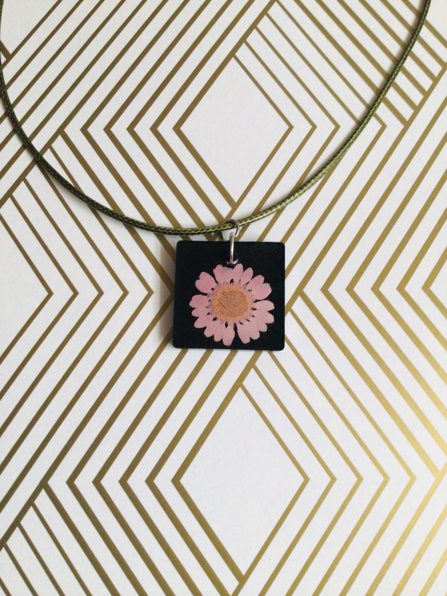 Pink Flower Square Necklace (Black)