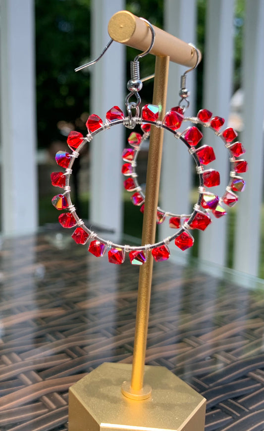 Red Beaded Wire Wrapped Earrings